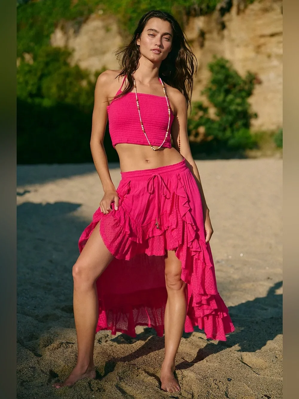 Free People Seaside Bliss Peacock Pink Ruffled High-Low Skirt and Top Set